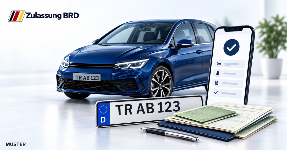 Online Fahrzeugzulassung in Trier: Musterkennzeichen TR AB 123, Auto und Fahrzeugpapiere und Smartphone. Illustration mit Logo von Zulassung BRD.